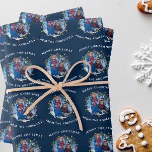 Feuille De Papier Cadeau Feux de Noël Famille Photo Bleue Personnalisé