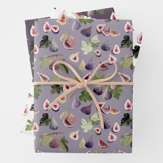 Feuille De Papier Cadeau Figes d'aquarelle violette et blanche (En situation)