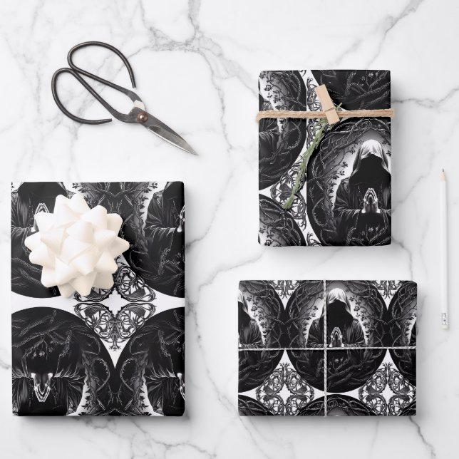 Feuille De Papier Cadeau Figure à capuchon en noir et blanc (Recto)
