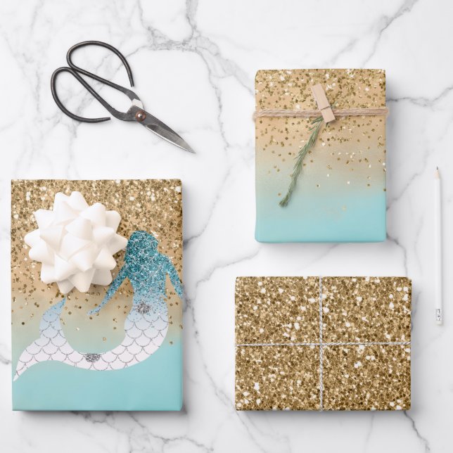Feuille De Papier Cadeau Fille Aqua Aquarelle or Parties scintillant sirène (Recto)