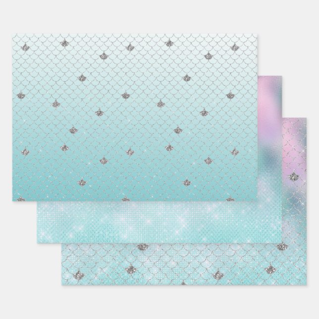 Feuille De Papier Cadeau Fille Aqua Parties scintillant d'argent Épargne Me (Lot)