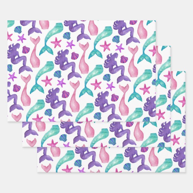 Feuille De Papier Cadeau Fille Aquarelle Mermaids Contes Coquillages Motif (Lot)