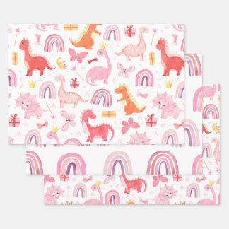 Feuille De Papier Cadeau Fille aquarelle rose dinosaures bohème arcs-en-cie