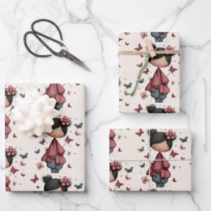 Feuille De Papier Cadeau Fille avec baguette magique et motif de papillons