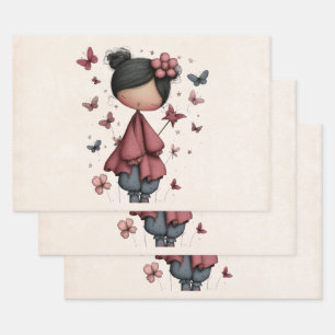Feuille De Papier Cadeau Fille avec baguette magique et papillons