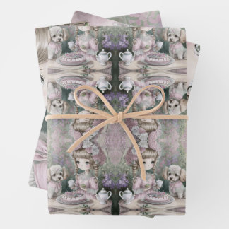 Feuille De Papier Cadeau Fille avec des amis caniche et chat