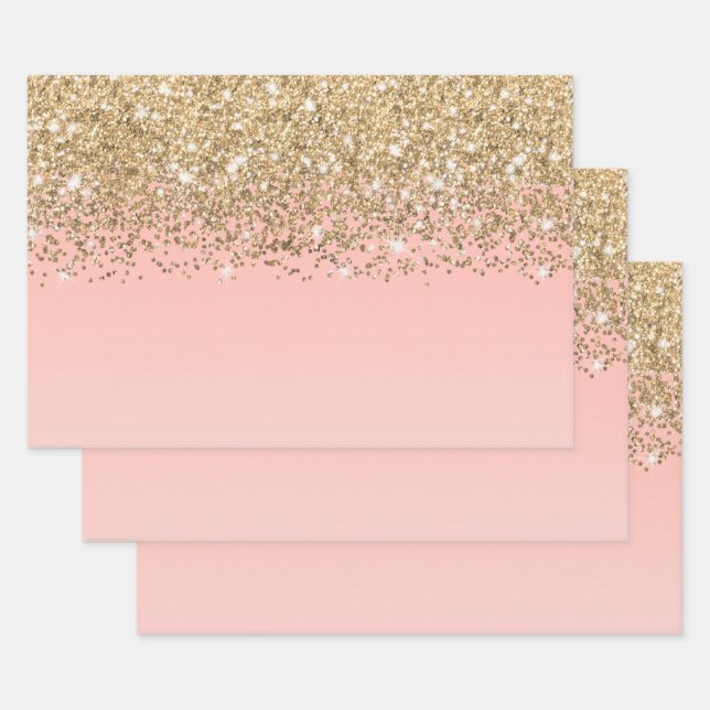 Feuille De Papier Cadeau Fille Chic Gold Confetti Pink Gradient Ombre (Lot)