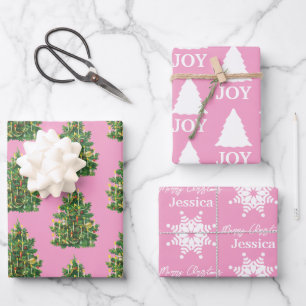 Feuille De Papier Cadeau Fille de Noël Motif rose et blanc