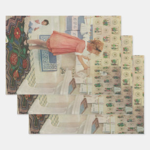 Feuille De Papier Cadeau Fille d'époque, enfant faisant la lessive suspenda