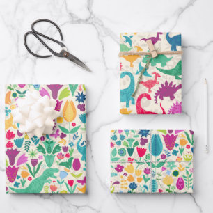 Feuille De Papier Cadeau Fille Floral Dinosaure Silhouette Maximal Folk