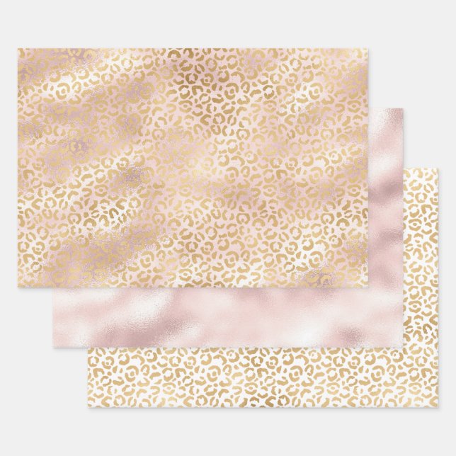 Feuille De Papier Cadeau Fille Glam Gold Blush Empreinte de léopard rose (Lot)