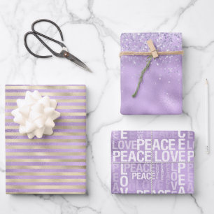 Feuille De Papier Cadeau Fille Glam violet or amour paix