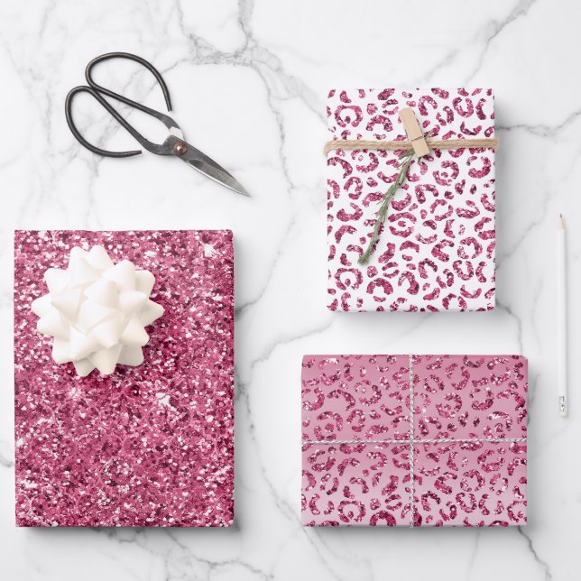 Feuille De Papier Cadeau Fille Parties scintillant rose Leopard Ombre (Recto)