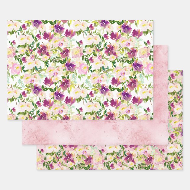 Feuille De Papier Cadeau Fille Peach Purple Burgundy Aquarelle Florale (Lot)