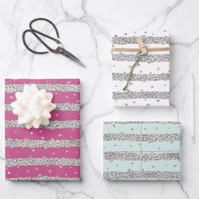 Feuille De Papier Cadeau Fille Pink Mint Argent Sparkly Confetti Stripes (Recto)