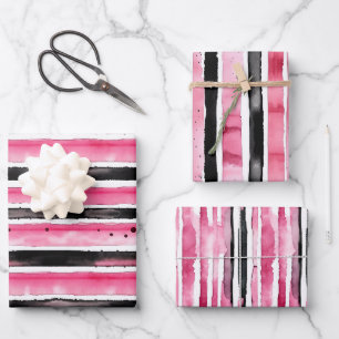Feuille De Papier Cadeau Fille rose blanc rayures noires