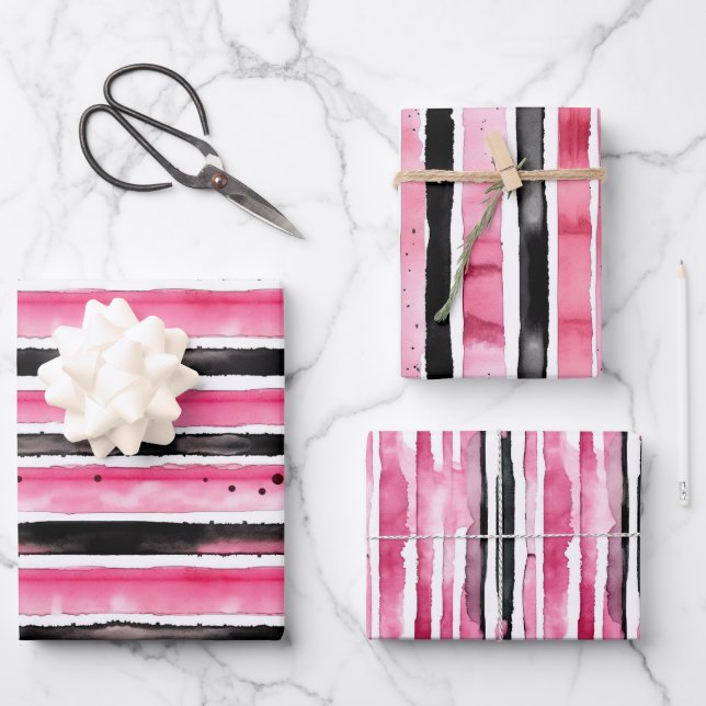 Feuille De Papier Cadeau Fille rose blanc rayures noires (Recto)
