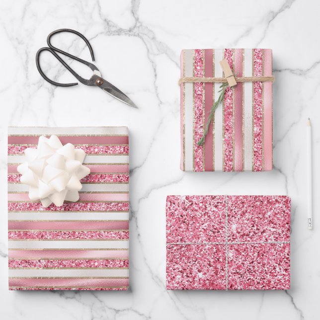 Feuille De Papier Cadeau Fille rose perle Parties scintillant rayures (Recto)