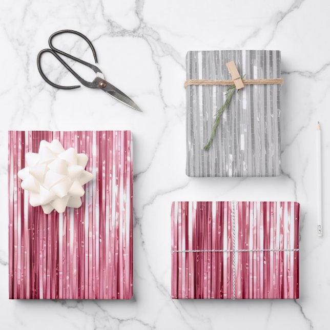 Feuille De Papier Cadeau Fille rose Silver Glam Tinsel Stripes (Recto)