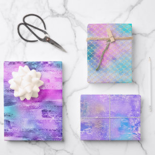Feuille De Papier Cadeau Fille Rose Violet Aqua Glitzy Sirène Stripes