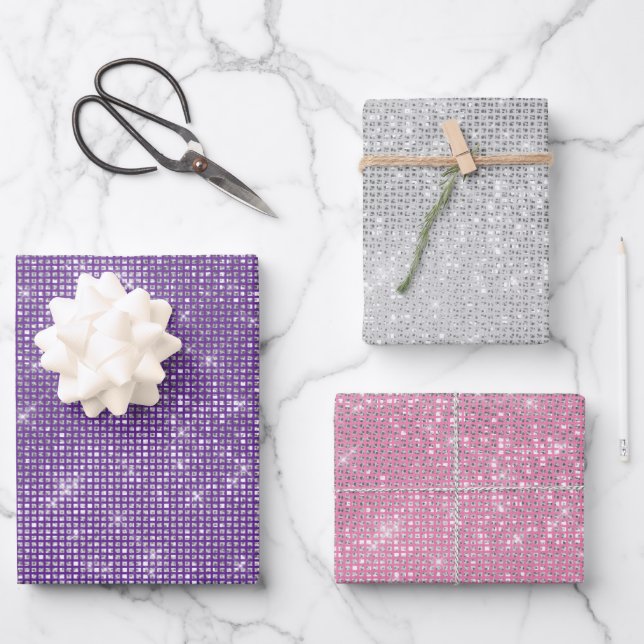Feuille De Papier Cadeau Fille violet argenté rose brillant (Recto)