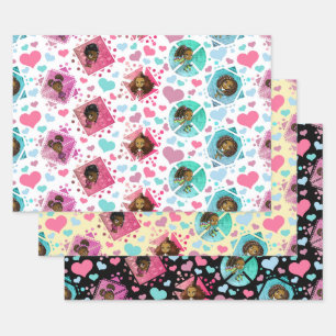Feuille De Papier Cadeau Filles Chibi Noires avec Coeurs Trois séries de