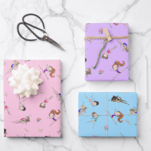 Feuille De Papier Cadeau Filles Gymnastique Cupcakes Motif rose violet bleu