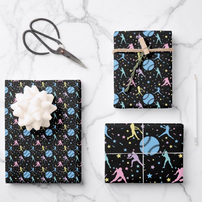 Feuille De Papier Cadeau Filles Softball - Joueuses avec étoiles (Recto)