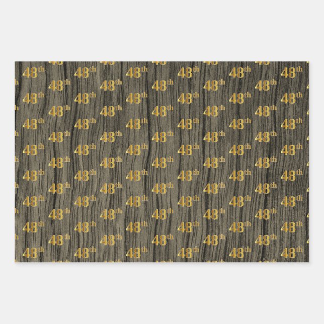 Feuille De Papier Cadeau Finition bois rustique faux, élégant "48th" faux o (Devant)