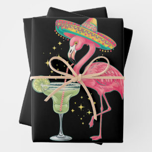 Feuille De Papier Cadeau Flamant qui boit une Margarita Drôle de Poncho Mex