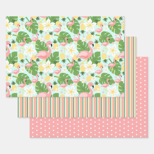 Feuille De Papier Cadeau Flamant rose, Ananas, Monstera Tropical (Lot)