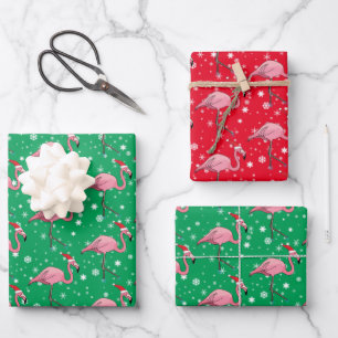 Feuille De Papier Cadeau Flamant rose de Noël à Santa Hats