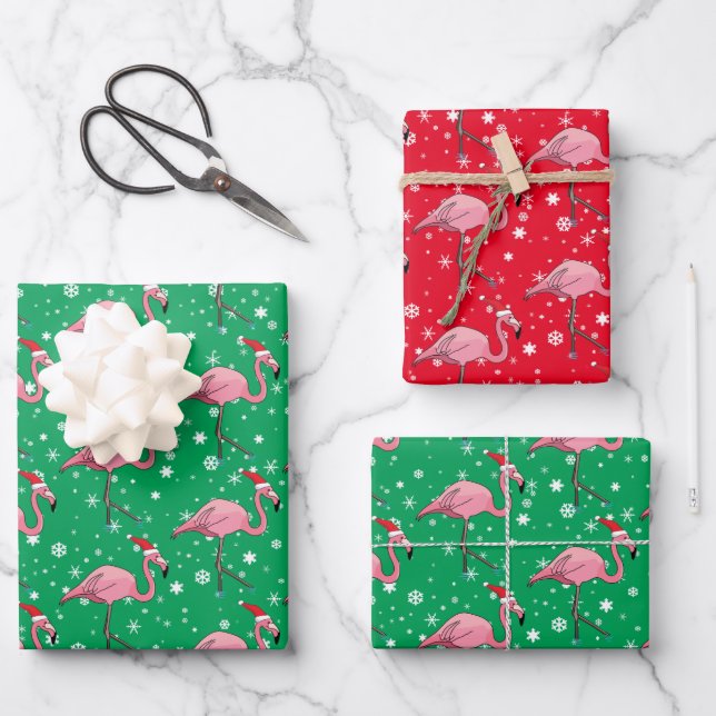 Feuille De Papier Cadeau Flamant rose de Noël à Santa Hats (Recto)
