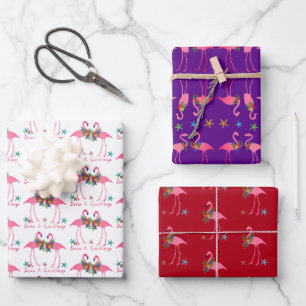Feuille De Papier Cadeau Flamant rose Mer et salutations Noël Enveloppement