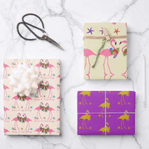 Feuille De Papier Cadeau Flamant rose Mer et voeux Noël