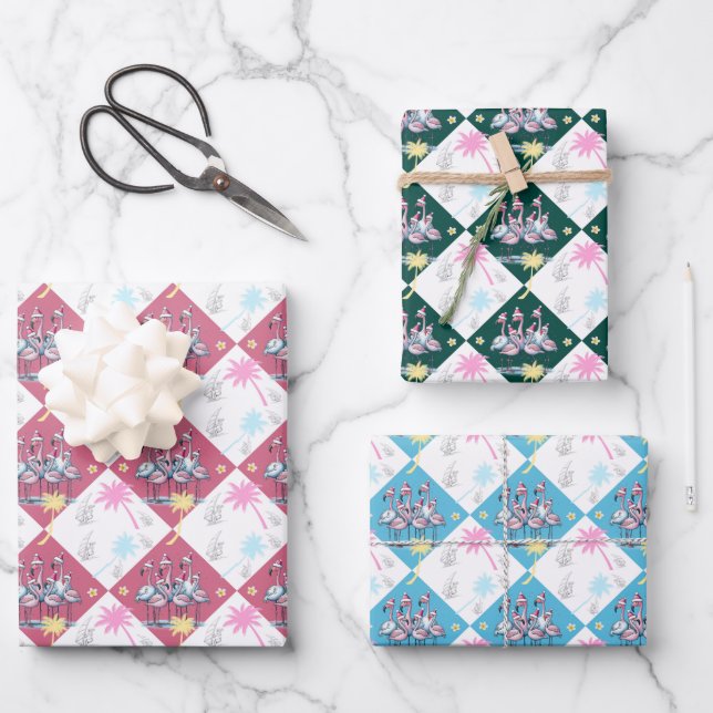 Feuille De Papier Cadeau Flamants roses de Noël tropicaux (Recto)