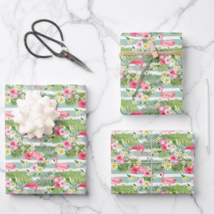 Feuille De Papier Cadeau Flamants roses Et Rayures