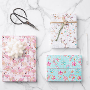 Feuille De Papier Cadeau Flamants roses roses et aqua, bonbons et lumières 