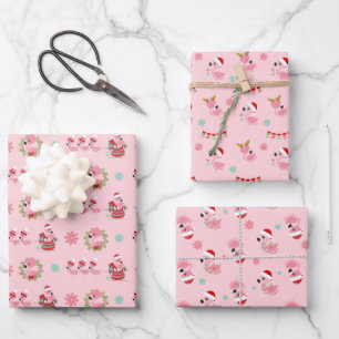 Feuille De Papier Cadeau Flamingo de Noël sur rose