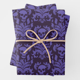 Feuille De Papier Cadeau Flamme crânienne Damas dans les tons moody violet