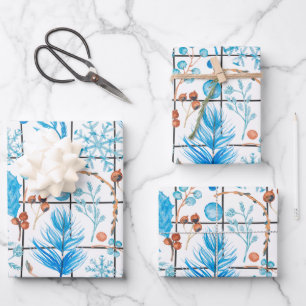 Feuille De Papier Cadeau Flamme de neige d'hiver; plumes bleues; pays des g