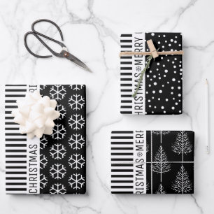 Feuille De Papier Cadeau Flammes de neige blanches noires arbres de Noël et