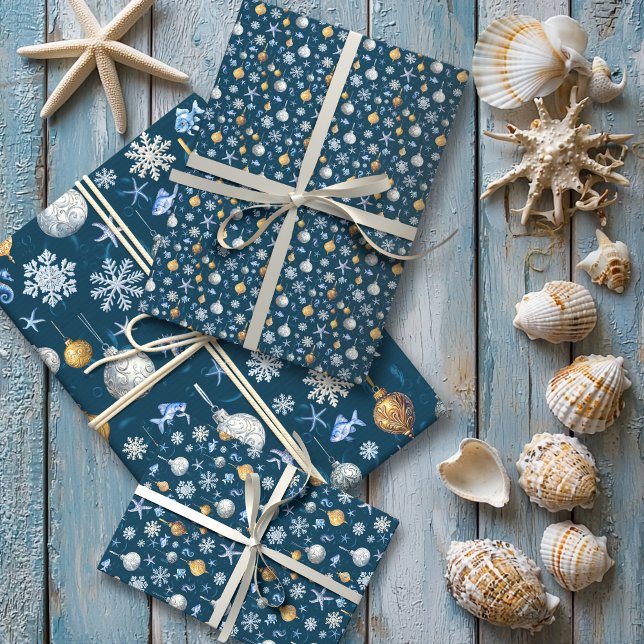 Feuille De Papier Cadeau Flammes de neige et éléments marins (Coastal Snowflakes & Nautical Elements Wrapping Paper Sheets)