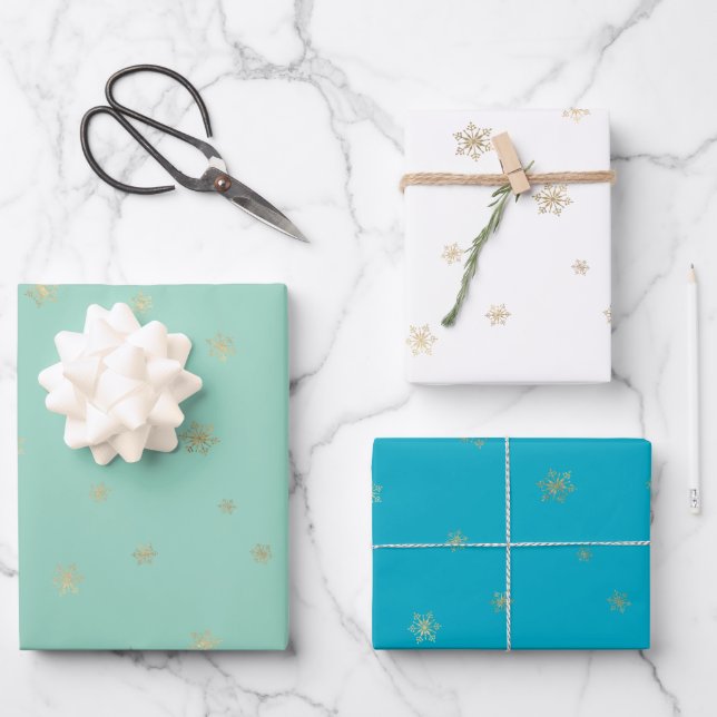Feuille De Papier Cadeau Flammes de neige Mint Aqua Christmas Gold (Recto)