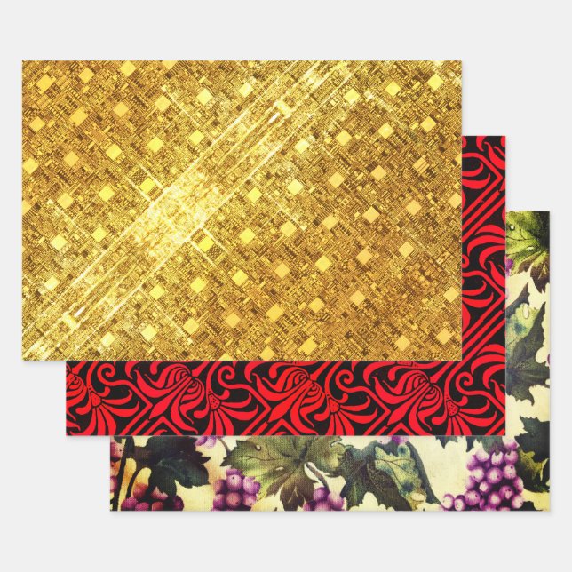 Feuille De Papier Cadeau Flare d'or, Crimson nouveau, raisins et vignes (Lot)
