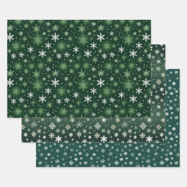 Feuille De Papier Cadeau Flèches de neige - Blanc sur vert (Lot)