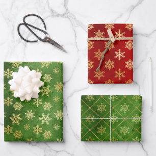 Feuille De Papier Cadeau Flèches de neige de Noël en or sur rouge et vert