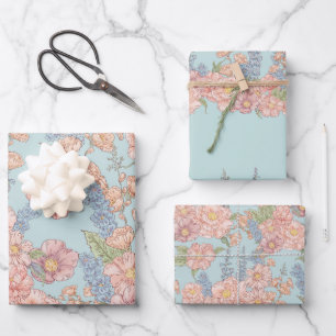 Feuille De Papier Cadeau Fleur chic rose et bleu shabby