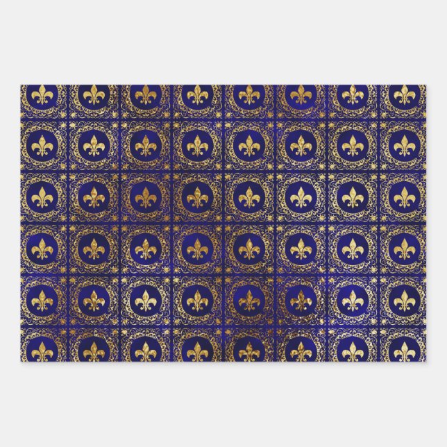 Feuille De Papier Cadeau Fleur de lis bleu et or (Devant)