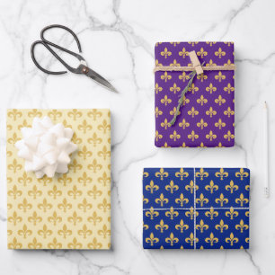 Feuille De Papier Cadeau Fleur de Lis d'or en bleu, doré et violet